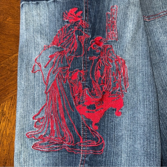 Raw Blue Lady Womens Juniors Red Embroidered Geisha Blue Denim Jeans 13 14 - Picture 13 of 15